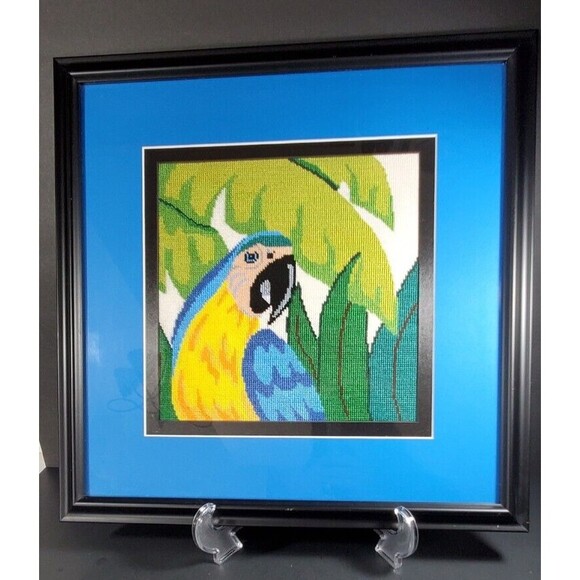 Beautiful Handmade Parrot Cross Stitch, Professionally Framed, 18" x 18" Frame